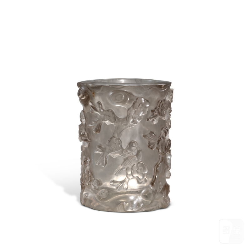 A rock crystal 'prunus' brush pot, Qing dynasty, 19th century | 清十九世紀 水晶梅花紋筆筒 - 图2